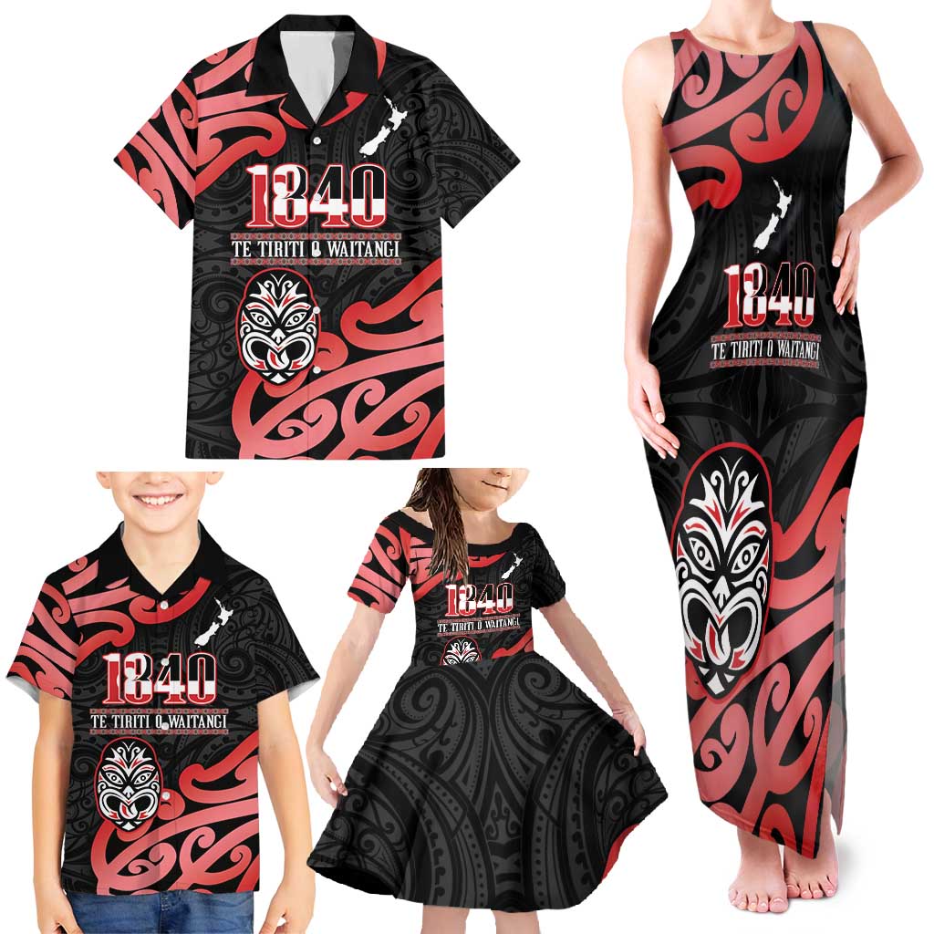 New Zealand 1840 Waitangi Day Family Matching Tank Maxi Dress and Hawaiian Shirt Aotearoa Haka Mask - Red Version LT14 - Polynesian Pride
