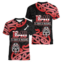 New Zealand 1840 Waitangi Day Women V-Neck T-Shirt Aotearoa Haka Mask - Red Version