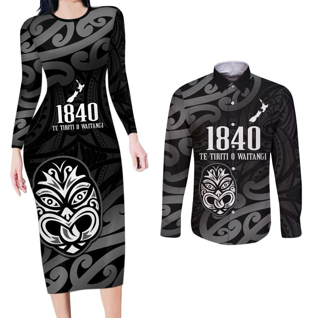 New Zealand 1840 Waitangi Day Couples Matching Long Sleeve Bodycon Dress and Long Sleeve Button Shirt Aotearoa Haka Mask - Black Version LT14 Black - Polynesian Pride