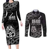 New Zealand 1840 Waitangi Day Couples Matching Long Sleeve Bodycon Dress and Long Sleeve Button Shirt Aotearoa Haka Mask - Black Version LT14 Black - Polynesian Pride