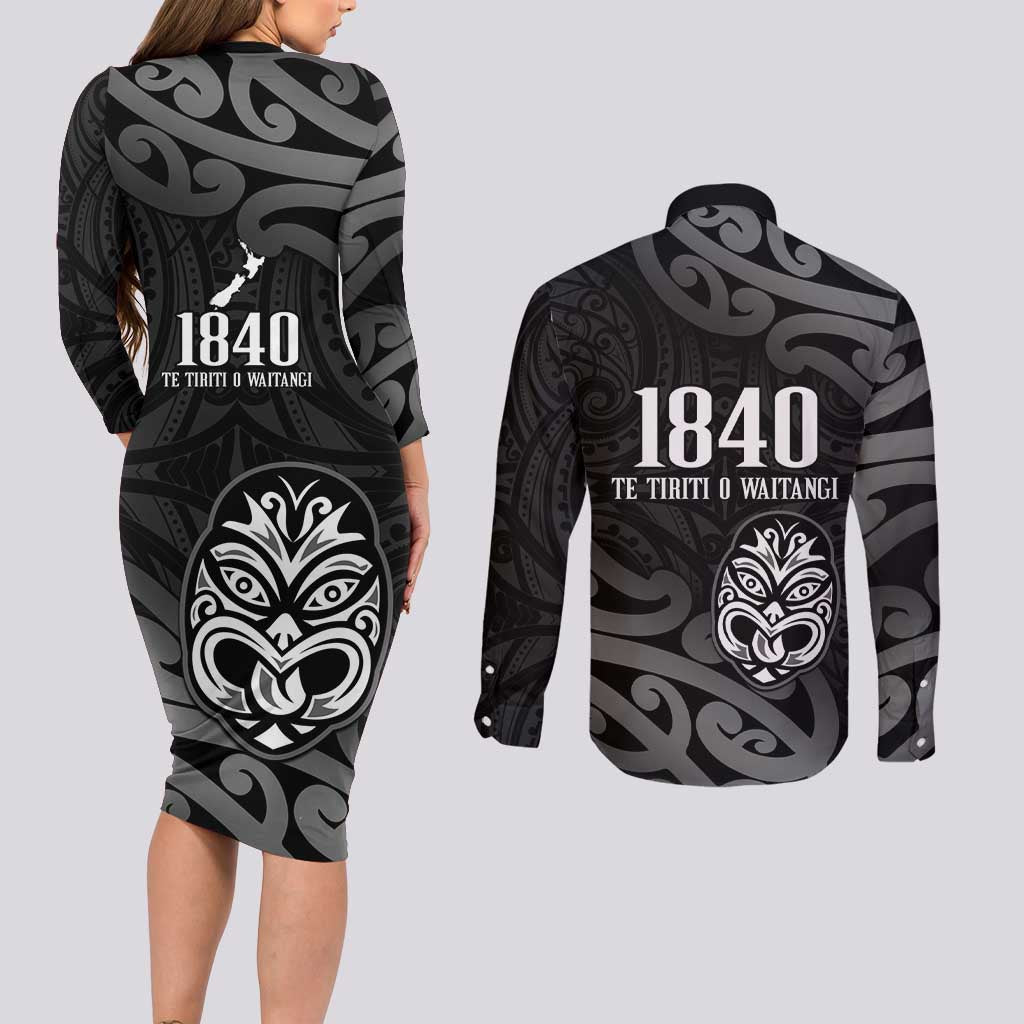 New Zealand 1840 Waitangi Day Couples Matching Long Sleeve Bodycon Dress and Long Sleeve Button Shirt Aotearoa Haka Mask - Black Version LT14 - Polynesian Pride