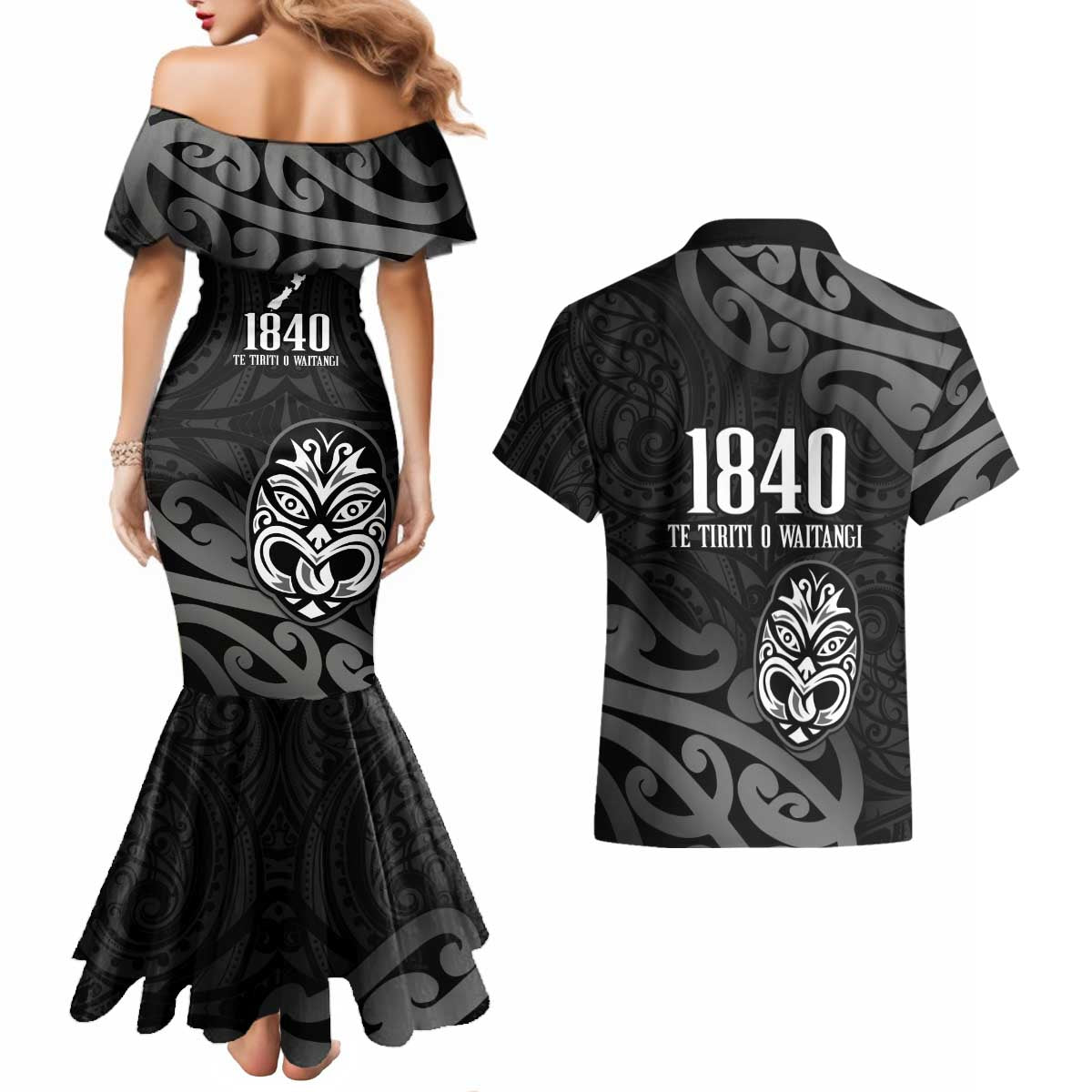 New Zealand 1840 Waitangi Day Couples Matching Mermaid Dress and Hawaiian Shirt Aotearoa Haka Mask - Black Version LT14 - Polynesian Pride