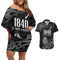 New Zealand 1840 Waitangi Day Couples Matching Off Shoulder Short Dress and Hawaiian Shirt Aotearoa Haka Mask - Black Version LT14 Black - Polynesian Pride