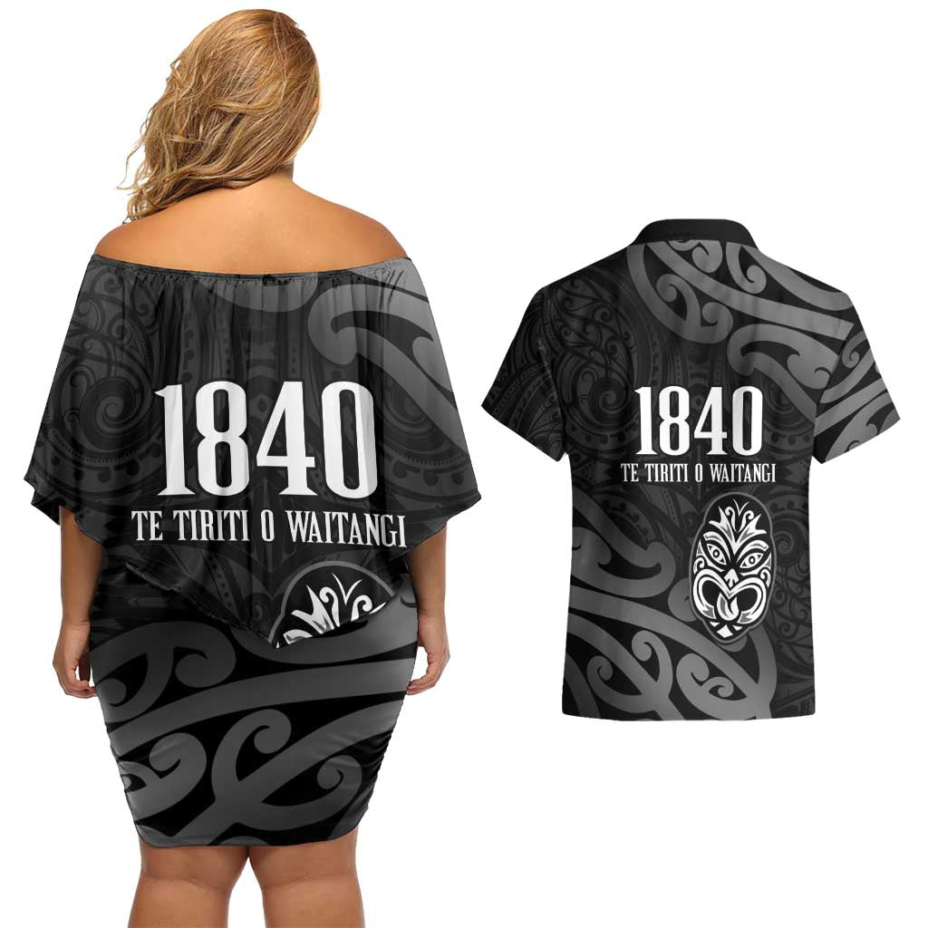 New Zealand 1840 Waitangi Day Couples Matching Off Shoulder Short Dress and Hawaiian Shirt Aotearoa Haka Mask - Black Version LT14 - Polynesian Pride