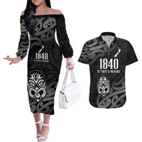 New Zealand 1840 Waitangi Day Couples Matching Off The Shoulder Long Sleeve Dress and Hawaiian Shirt Aotearoa Haka Mask - Black Version LT14 Black - Polynesian Pride