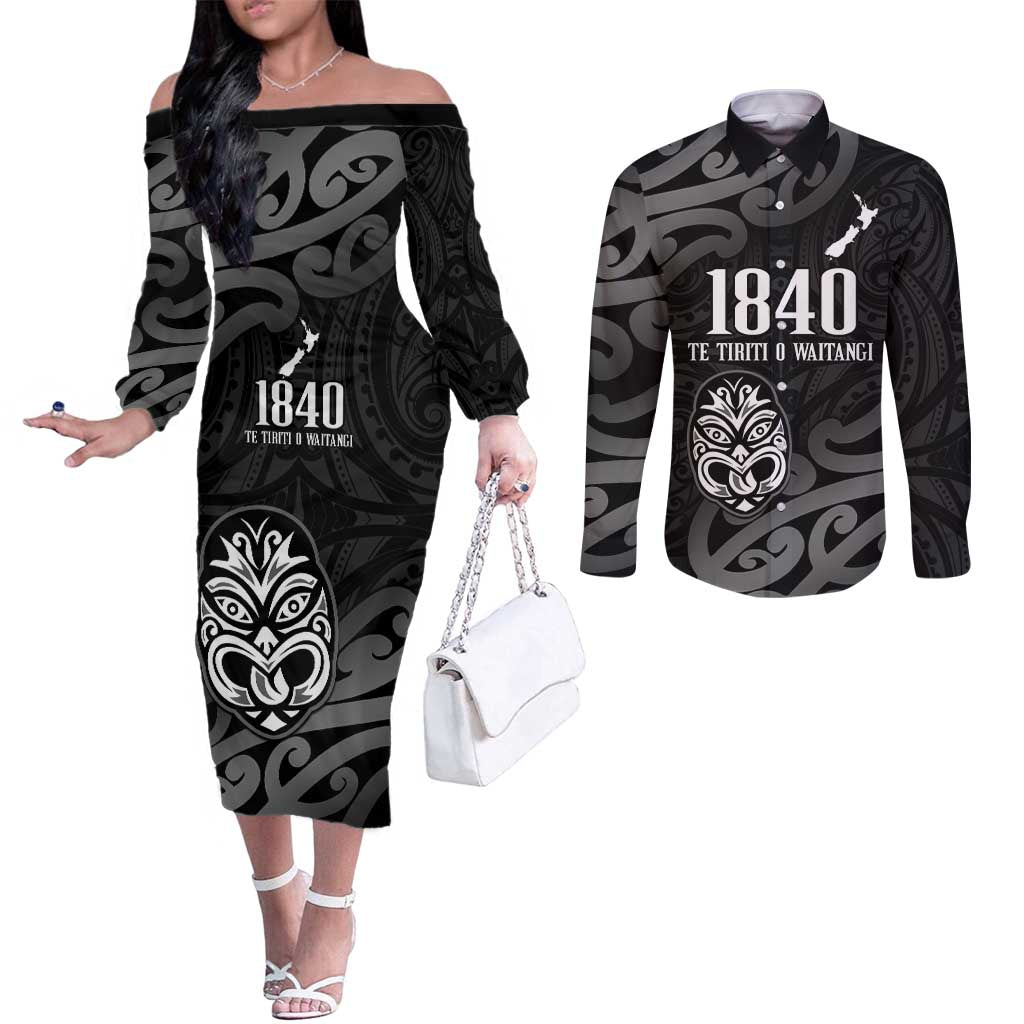 New Zealand 1840 Waitangi Day Couples Matching Off The Shoulder Long Sleeve Dress and Long Sleeve Button Shirt Aotearoa Haka Mask - Black Version LT14 Black - Polynesian Pride