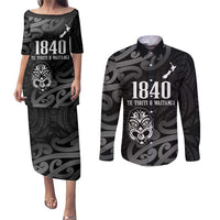 New Zealand 1840 Waitangi Day Couples Matching Puletasi and Long Sleeve Button Shirt Aotearoa Haka Mask - Black Version