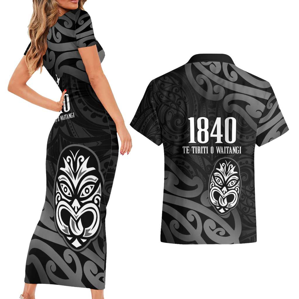 New Zealand 1840 Waitangi Day Couples Matching Short Sleeve Bodycon Dress and Hawaiian Shirt Aotearoa Haka Mask - Black Version LT14 - Polynesian Pride