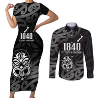 New Zealand 1840 Waitangi Day Couples Matching Short Sleeve Bodycon Dress and Long Sleeve Button Shirt Aotearoa Haka Mask - Black Version LT14 Black - Polynesian Pride