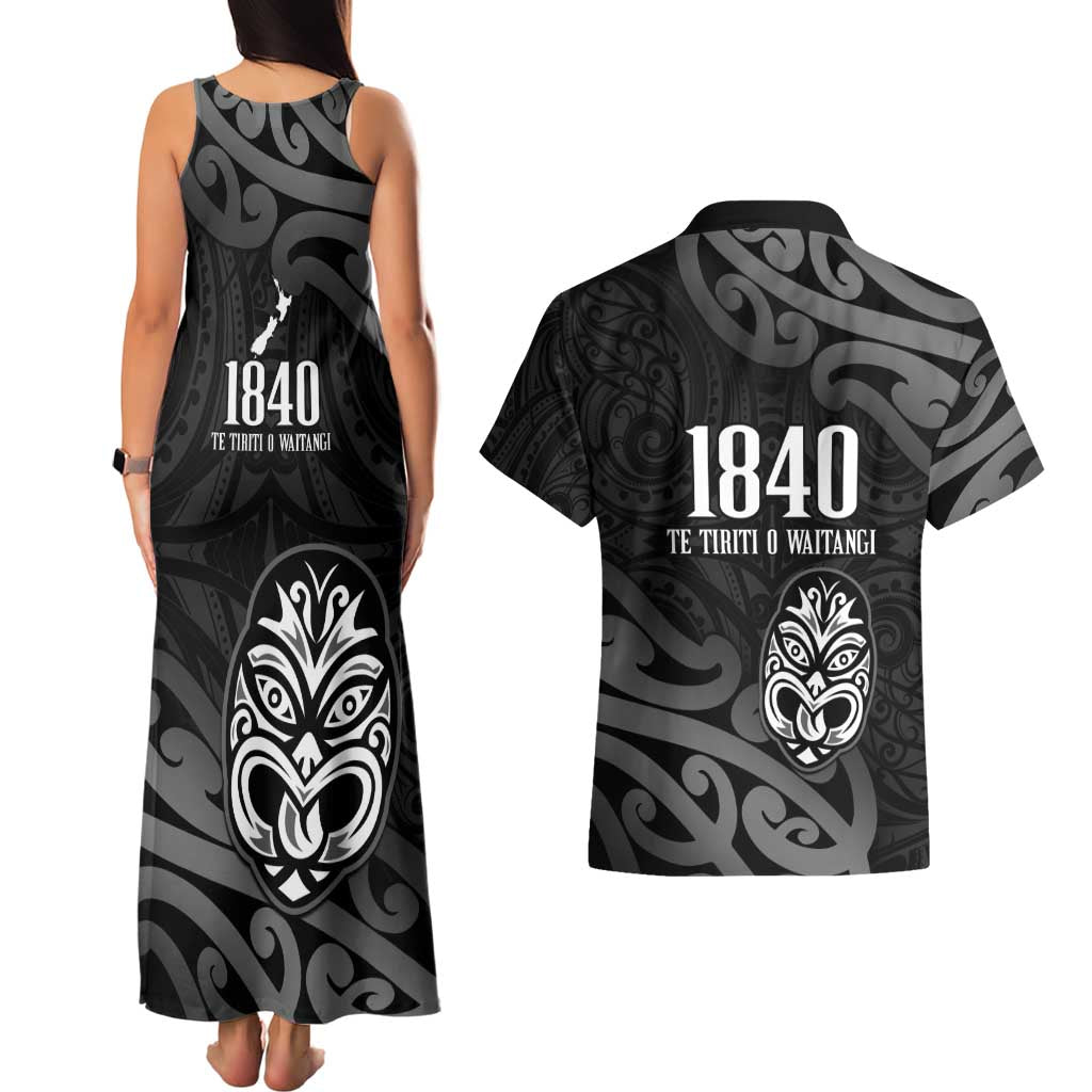 New Zealand 1840 Waitangi Day Couples Matching Tank Maxi Dress and Hawaiian Shirt Aotearoa Haka Mask - Black Version LT14 - Polynesian Pride