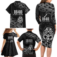 New Zealand 1840 Waitangi Day Family Matching Long Sleeve Bodycon Dress and Hawaiian Shirt Aotearoa Haka Mask - Black Version LT14 - Polynesian Pride
