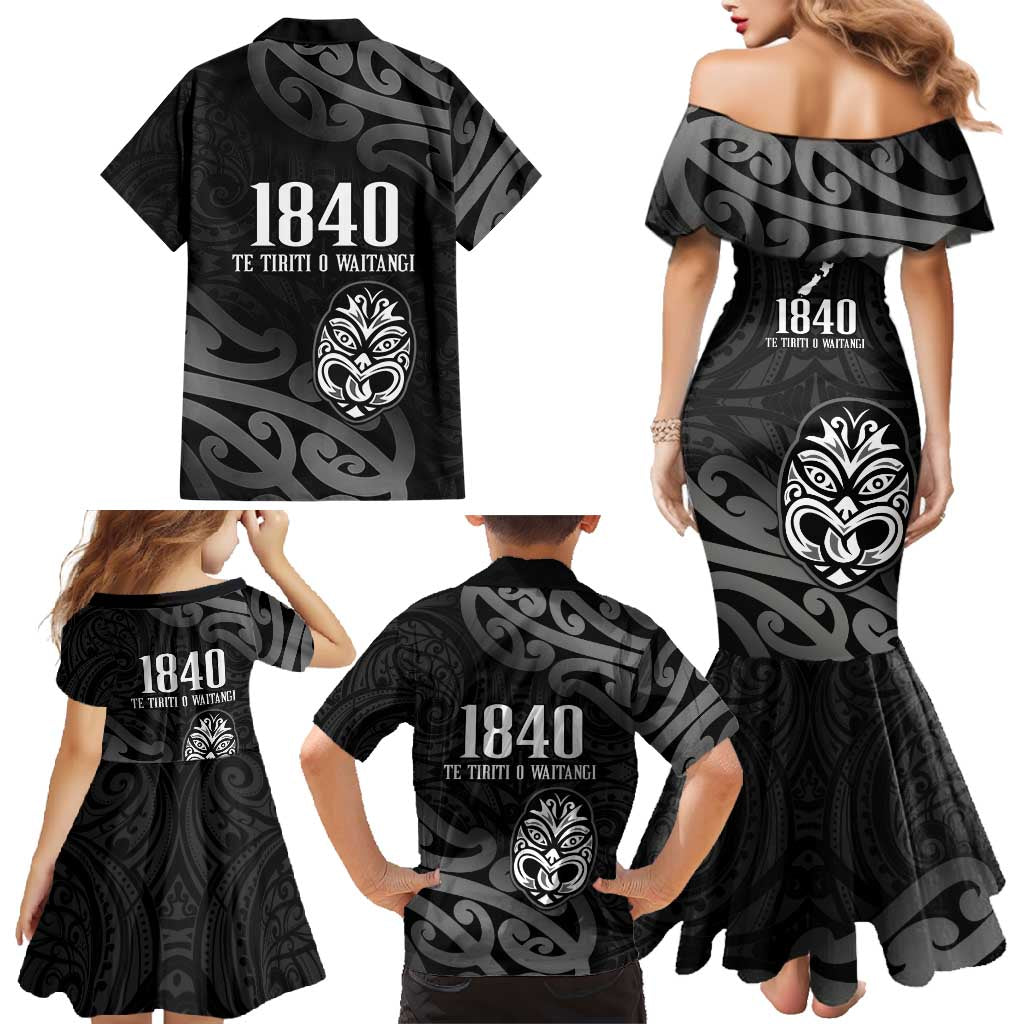 New Zealand 1840 Waitangi Day Family Matching Mermaid Dress and Hawaiian Shirt Aotearoa Haka Mask - Black Version LT14 - Polynesian Pride