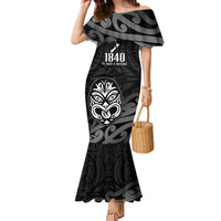 New Zealand 1840 Waitangi Day Family Matching Mermaid Dress and Hawaiian Shirt Aotearoa Haka Mask - Black Version LT14 Mom's Dress Black - Polynesian Pride