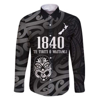 New Zealand 1840 Waitangi Day Family Matching Off The Shoulder Long Sleeve Dress and Hawaiian Shirt Aotearoa Haka Mask - Black Version LT14 Dad's Shirt - Long Sleeve Black - Polynesian Pride
