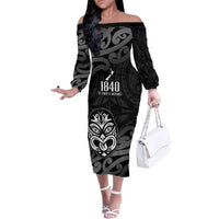 New Zealand 1840 Waitangi Day Family Matching Off The Shoulder Long Sleeve Dress and Hawaiian Shirt Aotearoa Haka Mask - Black Version LT14 Mom's Dress Black - Polynesian Pride
