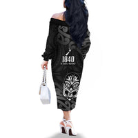 New Zealand 1840 Waitangi Day Family Matching Off The Shoulder Long Sleeve Dress and Hawaiian Shirt Aotearoa Haka Mask - Black Version LT14 - Polynesian Pride
