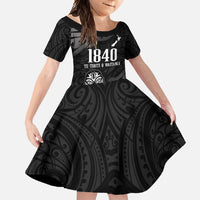 New Zealand 1840 Waitangi Day Family Matching Off Shoulder Maxi Dress and Hawaiian Shirt Aotearoa Haka Mask - Black Version LT14 Daughter's Dress Black - Polynesian Pride