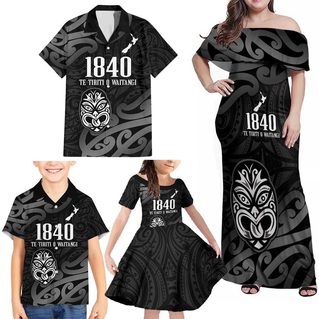 New Zealand 1840 Waitangi Day Family Matching Off Shoulder Maxi Dress and Hawaiian Shirt Aotearoa Haka Mask - Black Version LT14 - Polynesian Pride