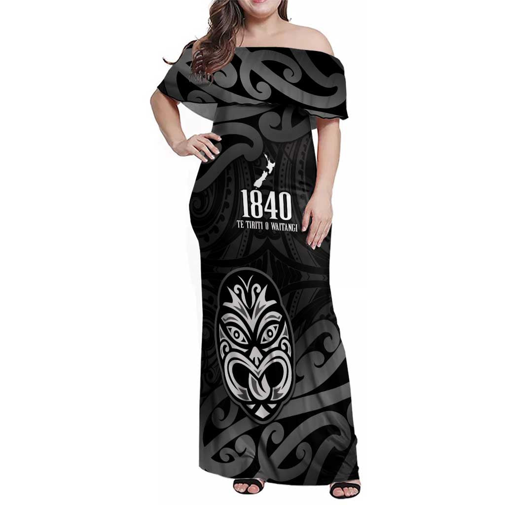 New Zealand 1840 Waitangi Day Family Matching Off Shoulder Maxi Dress and Hawaiian Shirt Aotearoa Haka Mask - Black Version LT14 Mom's Dress Black - Polynesian Pride