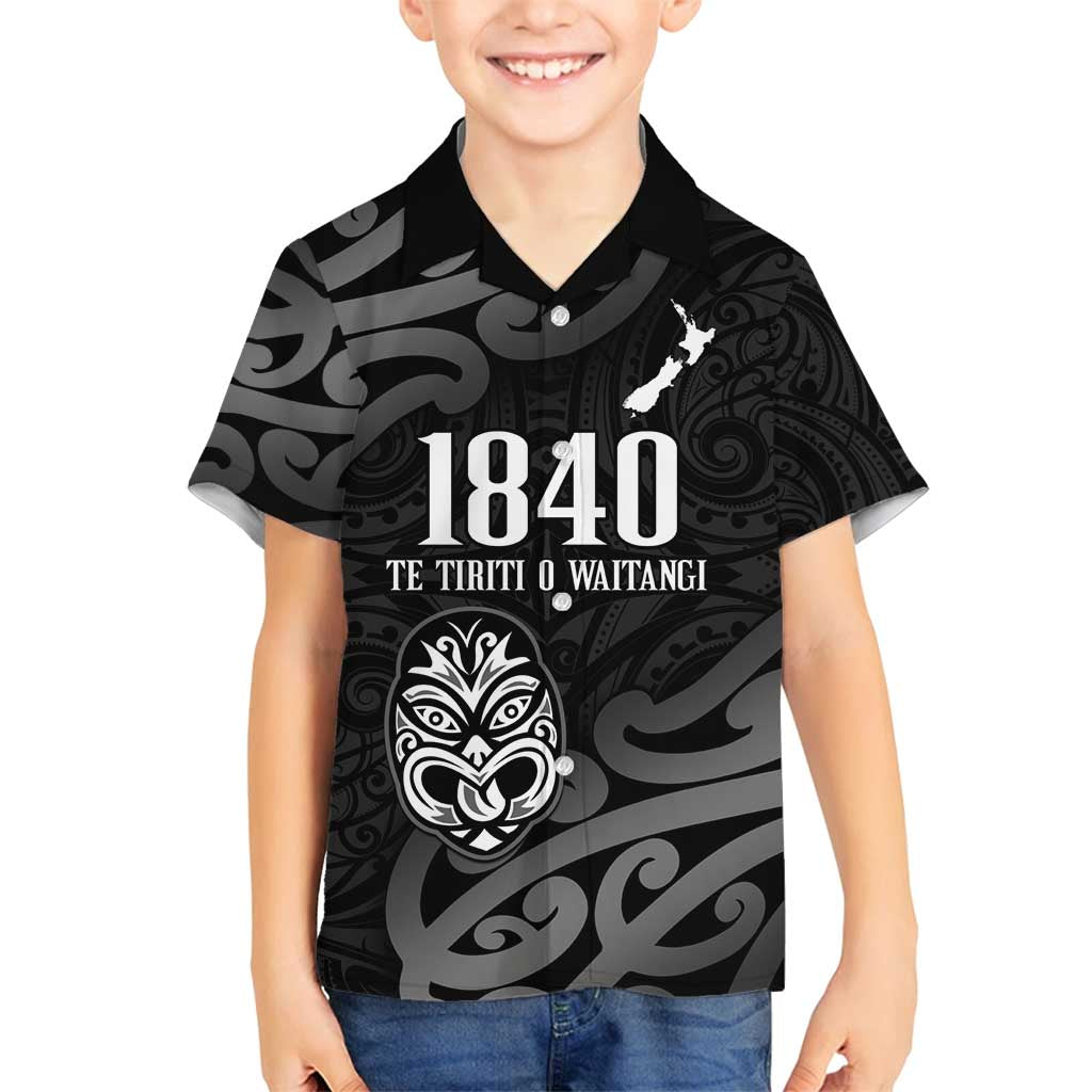 New Zealand 1840 Waitangi Day Family Matching Off Shoulder Maxi Dress and Hawaiian Shirt Aotearoa Haka Mask - Black Version LT14 Son's Shirt Black - Polynesian Pride