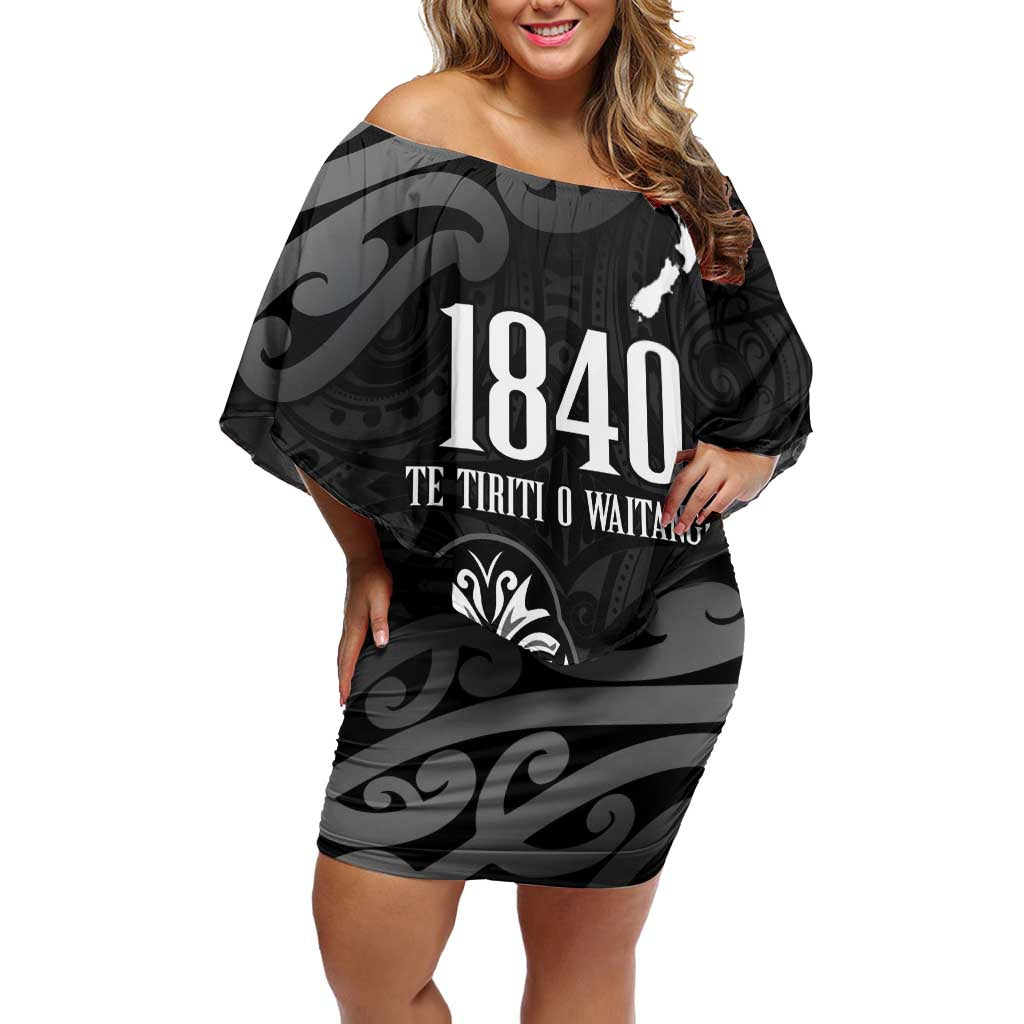 New Zealand 1840 Waitangi Day Family Matching Off Shoulder Short Dress and Hawaiian Shirt Aotearoa Haka Mask - Black Version LT14 Mom's Dress Black - Polynesian Pride