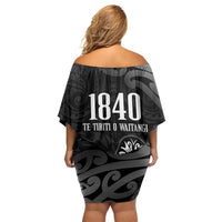 New Zealand 1840 Waitangi Day Family Matching Off Shoulder Short Dress and Hawaiian Shirt Aotearoa Haka Mask - Black Version LT14 - Polynesian Pride