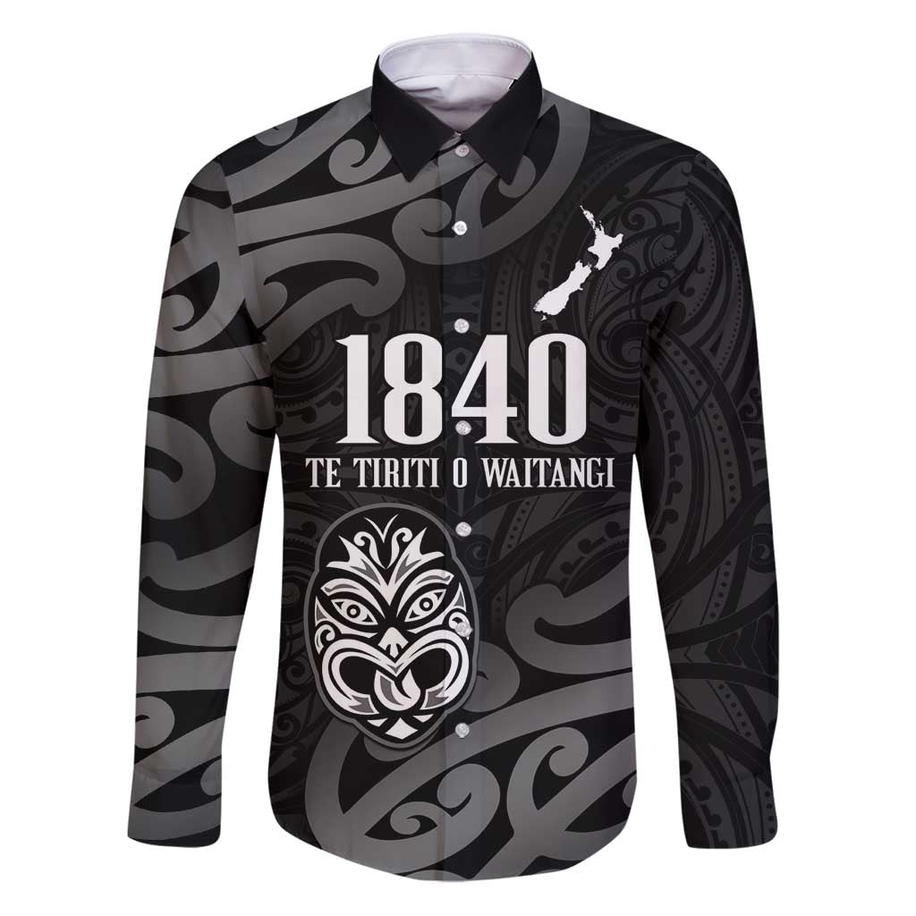 New Zealand 1840 Waitangi Day Family Matching Puletasi and Hawaiian Shirt Aotearoa Haka Mask - Black Version LT14 Dad's Shirt - Long Sleeve Black - Polynesian Pride