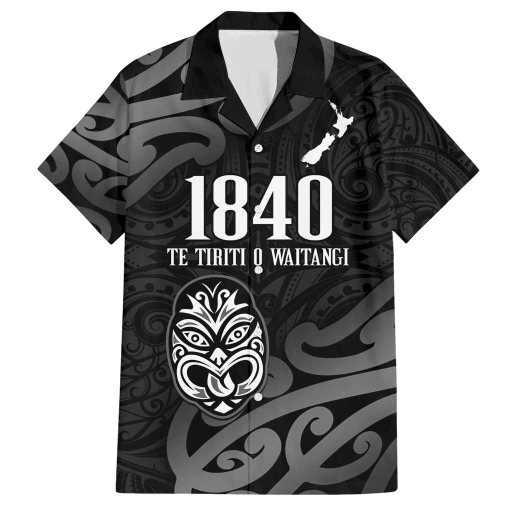 New Zealand 1840 Waitangi Day Family Matching Short Sleeve Bodycon Dress and Hawaiian Shirt Aotearoa Haka Mask - Black Version LT14 Dad's Shirt - Short Sleeve Black - Polynesian Pride