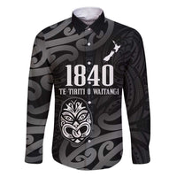 New Zealand 1840 Waitangi Day Family Matching Short Sleeve Bodycon Dress and Hawaiian Shirt Aotearoa Haka Mask - Black Version LT14 Dad's Shirt - Long Sleeve Black - Polynesian Pride