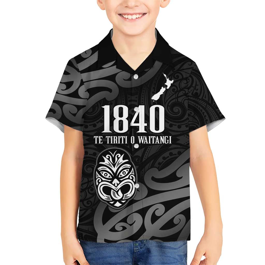 New Zealand 1840 Waitangi Day Family Matching Short Sleeve Bodycon Dress and Hawaiian Shirt Aotearoa Haka Mask - Black Version LT14 Son's Shirt Black - Polynesian Pride