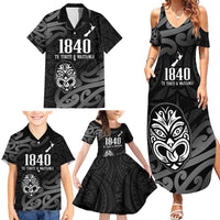 New Zealand 1840 Waitangi Day Family Matching Summer Maxi Dress and Hawaiian Shirt Aotearoa Haka Mask - Black Version LT14 - Polynesian Pride