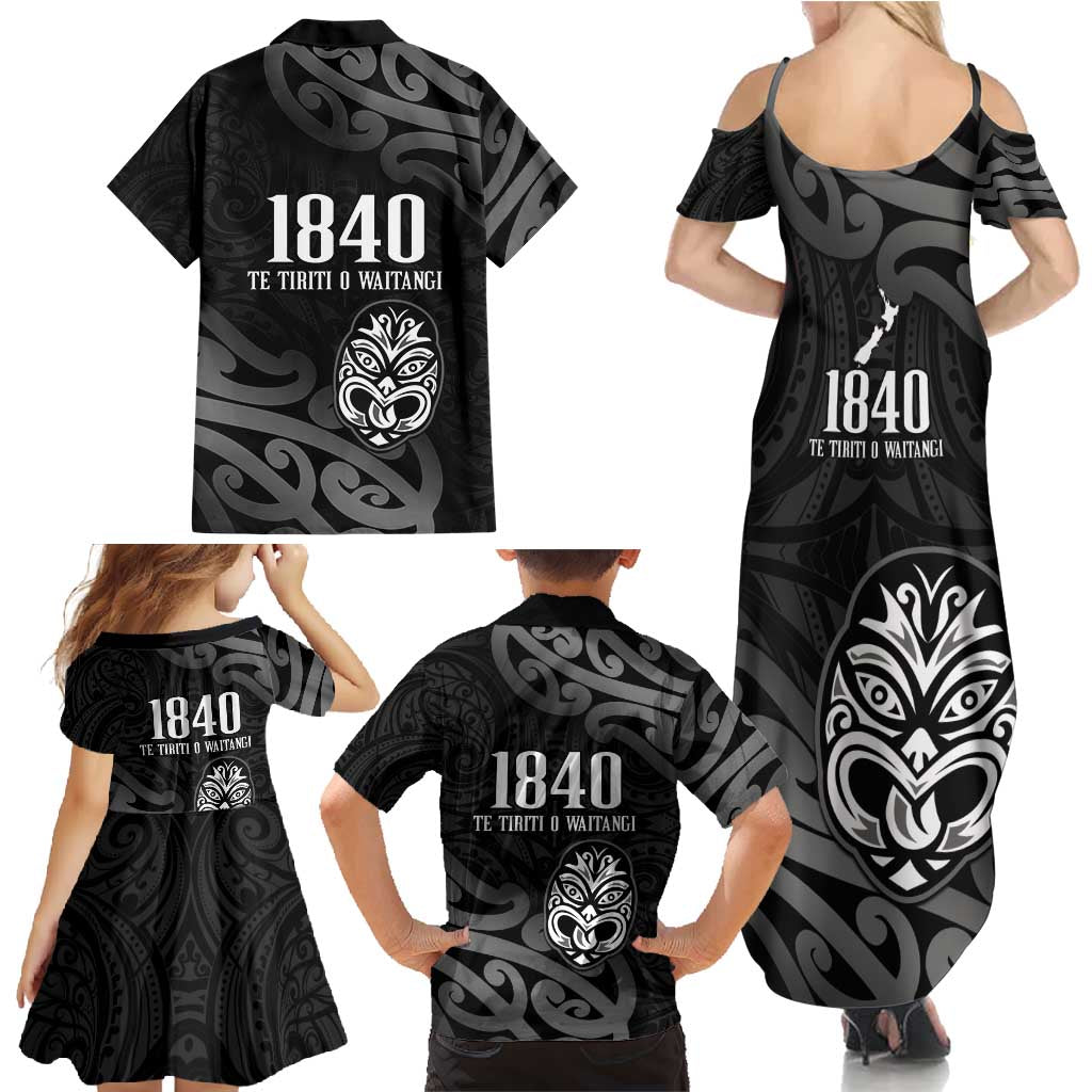 New Zealand 1840 Waitangi Day Family Matching Summer Maxi Dress and Hawaiian Shirt Aotearoa Haka Mask - Black Version LT14 - Polynesian Pride