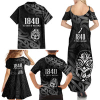 New Zealand 1840 Waitangi Day Family Matching Summer Maxi Dress and Hawaiian Shirt Aotearoa Haka Mask - Black Version LT14 - Polynesian Pride