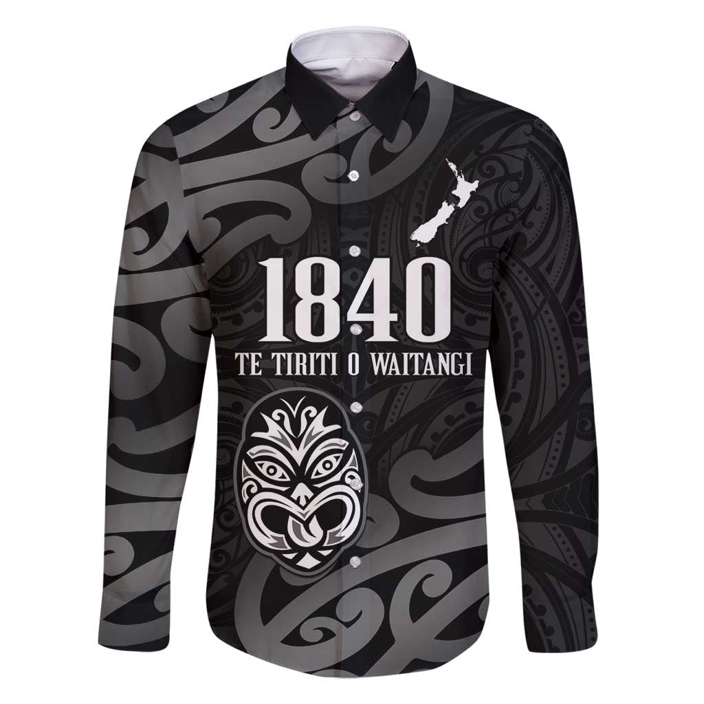 New Zealand 1840 Waitangi Day Family Matching Summer Maxi Dress and Hawaiian Shirt Aotearoa Haka Mask - Black Version LT14 Dad's Shirt - Long Sleeve Black - Polynesian Pride