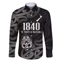 New Zealand 1840 Waitangi Day Family Matching Summer Maxi Dress and Hawaiian Shirt Aotearoa Haka Mask - Black Version LT14 Dad's Shirt - Long Sleeve Black - Polynesian Pride