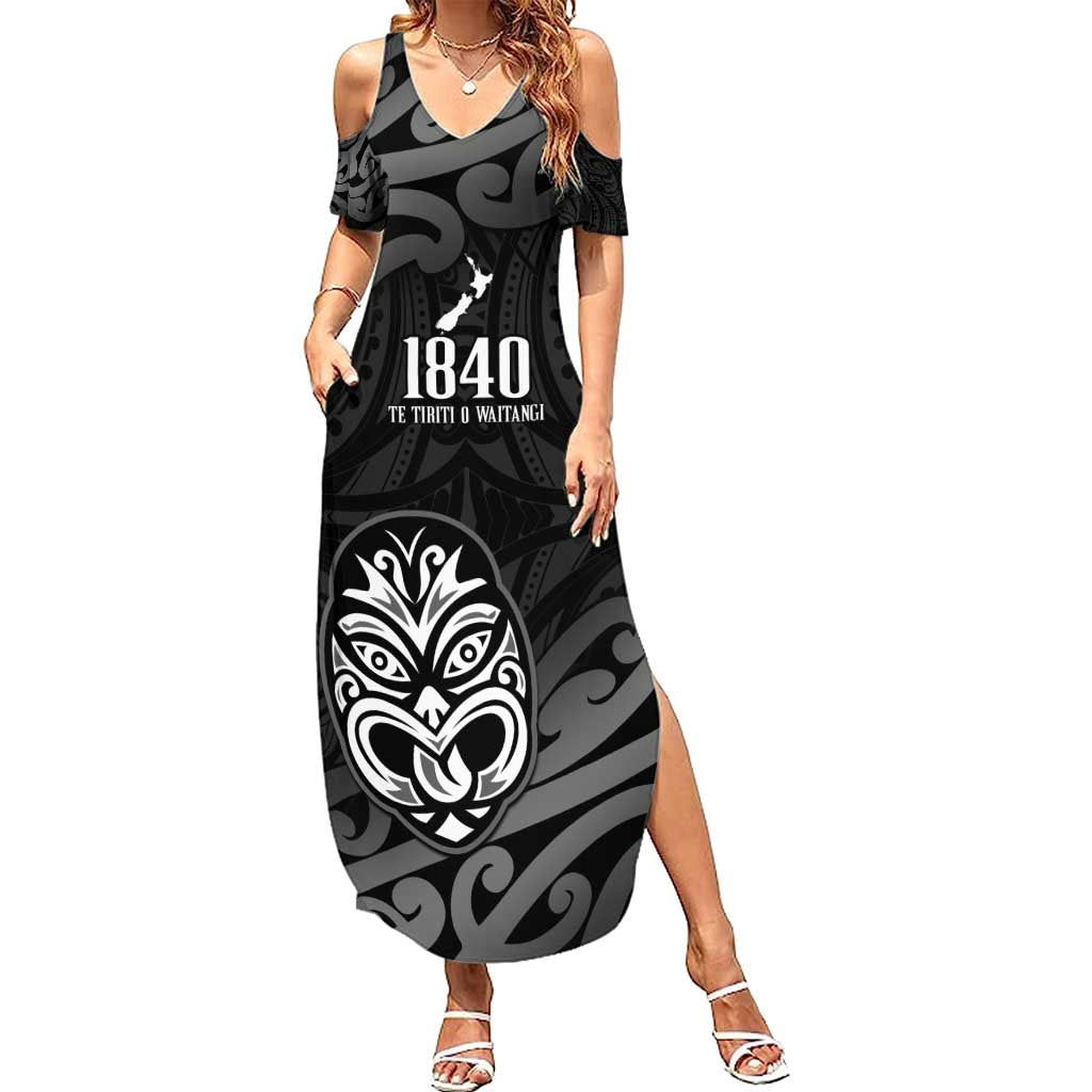 New Zealand 1840 Waitangi Day Family Matching Summer Maxi Dress and Hawaiian Shirt Aotearoa Haka Mask - Black Version LT14 Mom's Dress Black - Polynesian Pride