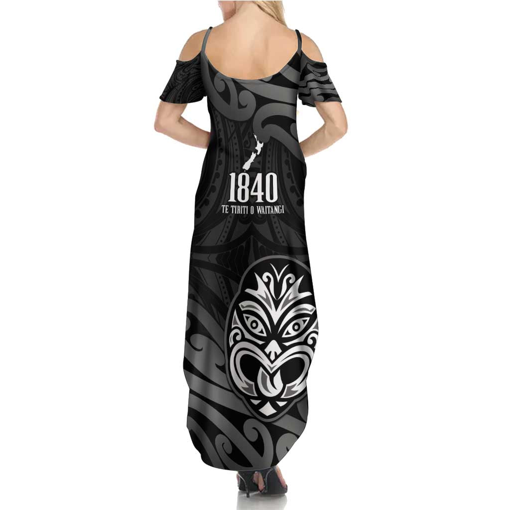 New Zealand 1840 Waitangi Day Family Matching Summer Maxi Dress and Hawaiian Shirt Aotearoa Haka Mask - Black Version LT14 - Polynesian Pride