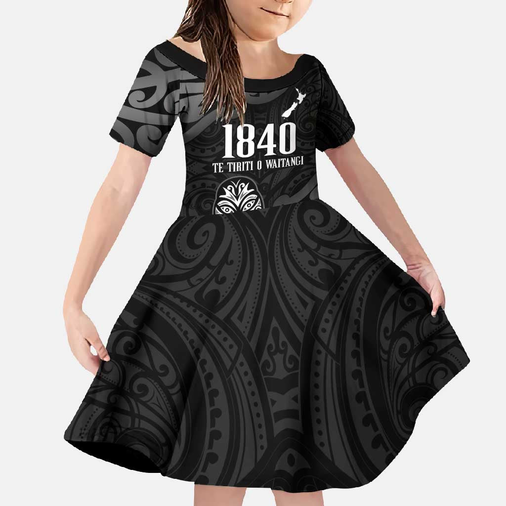 New Zealand 1840 Waitangi Day Family Matching Tank Maxi Dress and Hawaiian Shirt Aotearoa Haka Mask - Black Version LT14 Daughter's Dress Black - Polynesian Pride