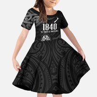 New Zealand 1840 Waitangi Day Family Matching Tank Maxi Dress and Hawaiian Shirt Aotearoa Haka Mask - Black Version LT14 Daughter's Dress Black - Polynesian Pride