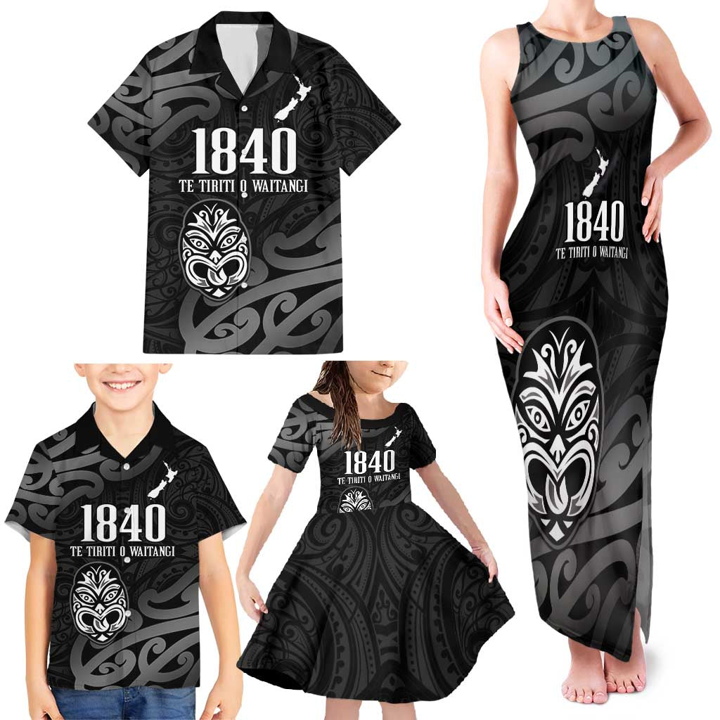 New Zealand 1840 Waitangi Day Family Matching Tank Maxi Dress and Hawaiian Shirt Aotearoa Haka Mask - Black Version LT14 - Polynesian Pride