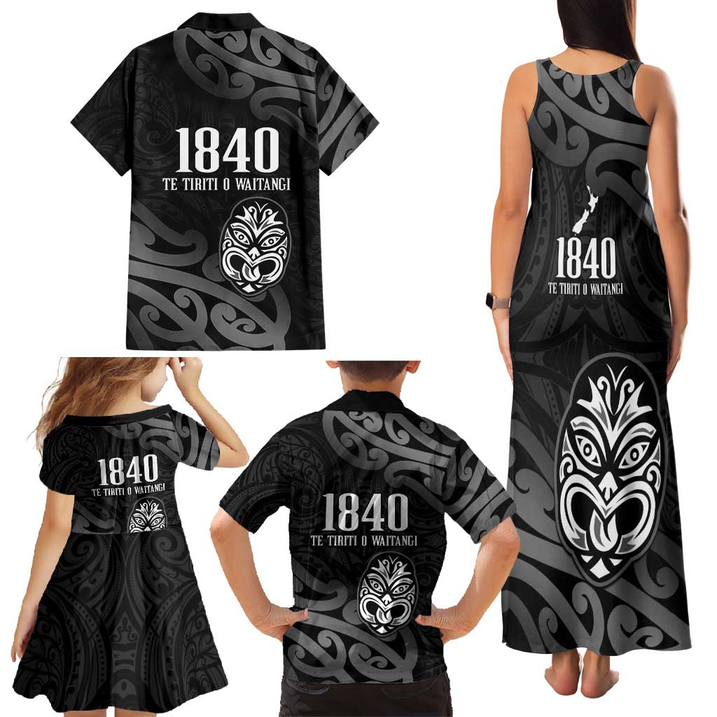 New Zealand 1840 Waitangi Day Family Matching Tank Maxi Dress and Hawaiian Shirt Aotearoa Haka Mask - Black Version LT14 - Polynesian Pride