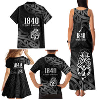 New Zealand 1840 Waitangi Day Family Matching Tank Maxi Dress and Hawaiian Shirt Aotearoa Haka Mask - Black Version LT14 - Polynesian Pride