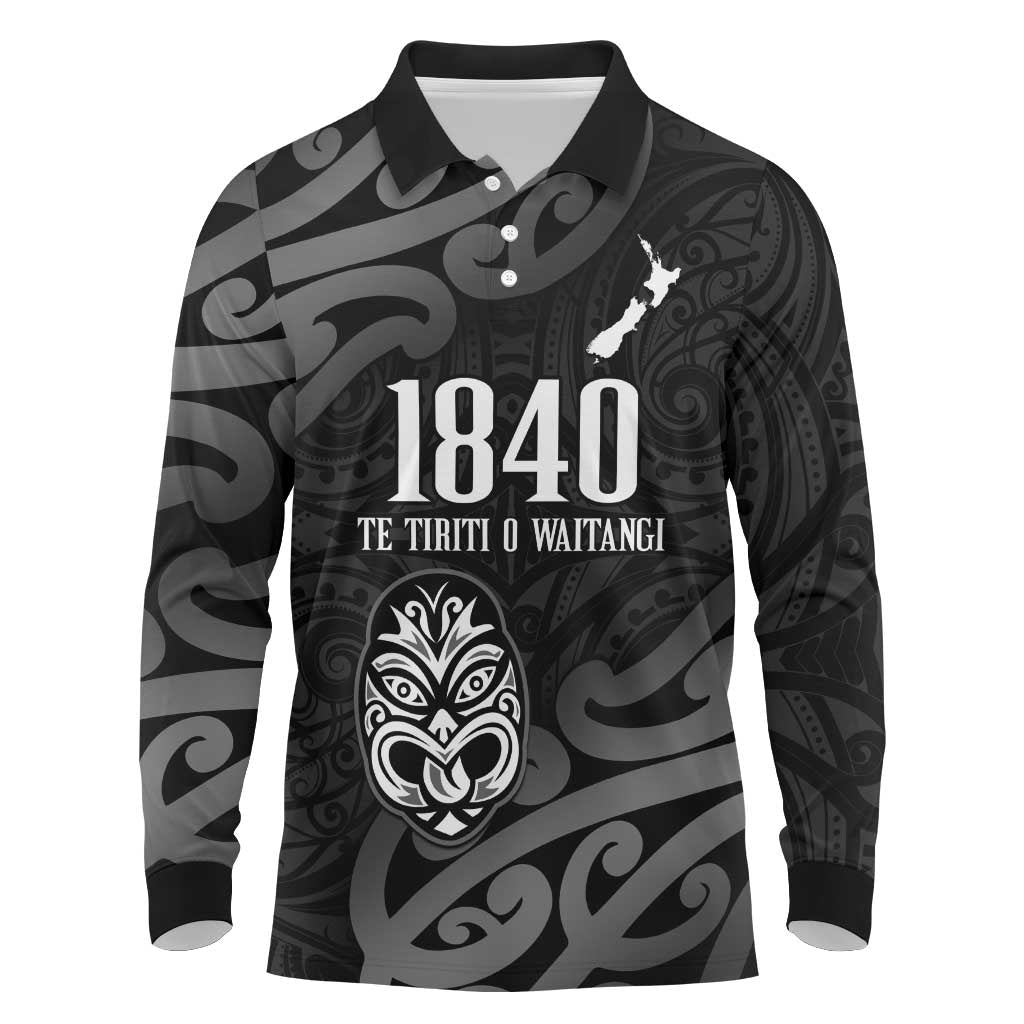 New Zealand 1840 Waitangi Day Long Sleeve Polo Shirt Aotearoa Haka Mask - Black Version