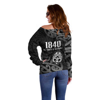 New Zealand 1840 Waitangi Day Off Shoulder Sweater Aotearoa Haka Mask - Black Version