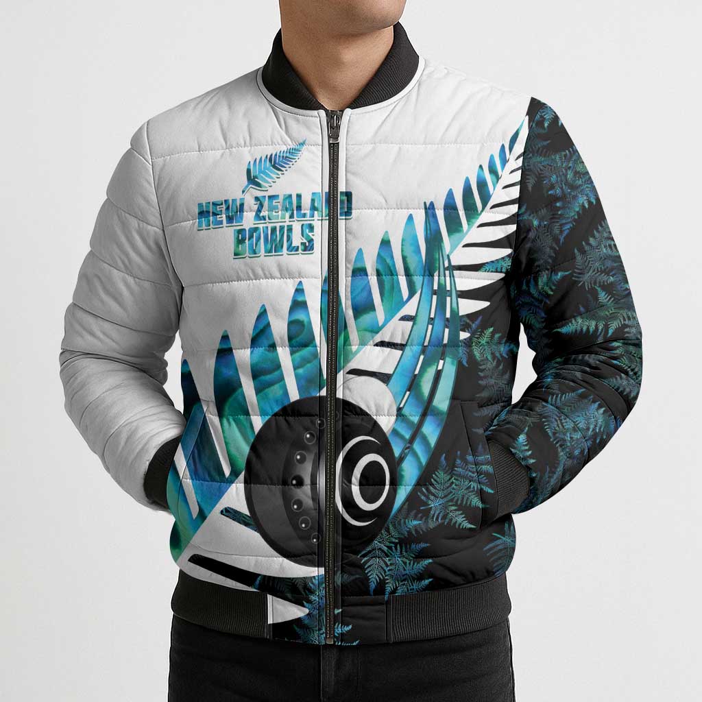 New Zealand Lawn Bowls Custom Bomber Puffer Jacket Aotearoa Silver Fern Paua Shell - Polynesian Pride