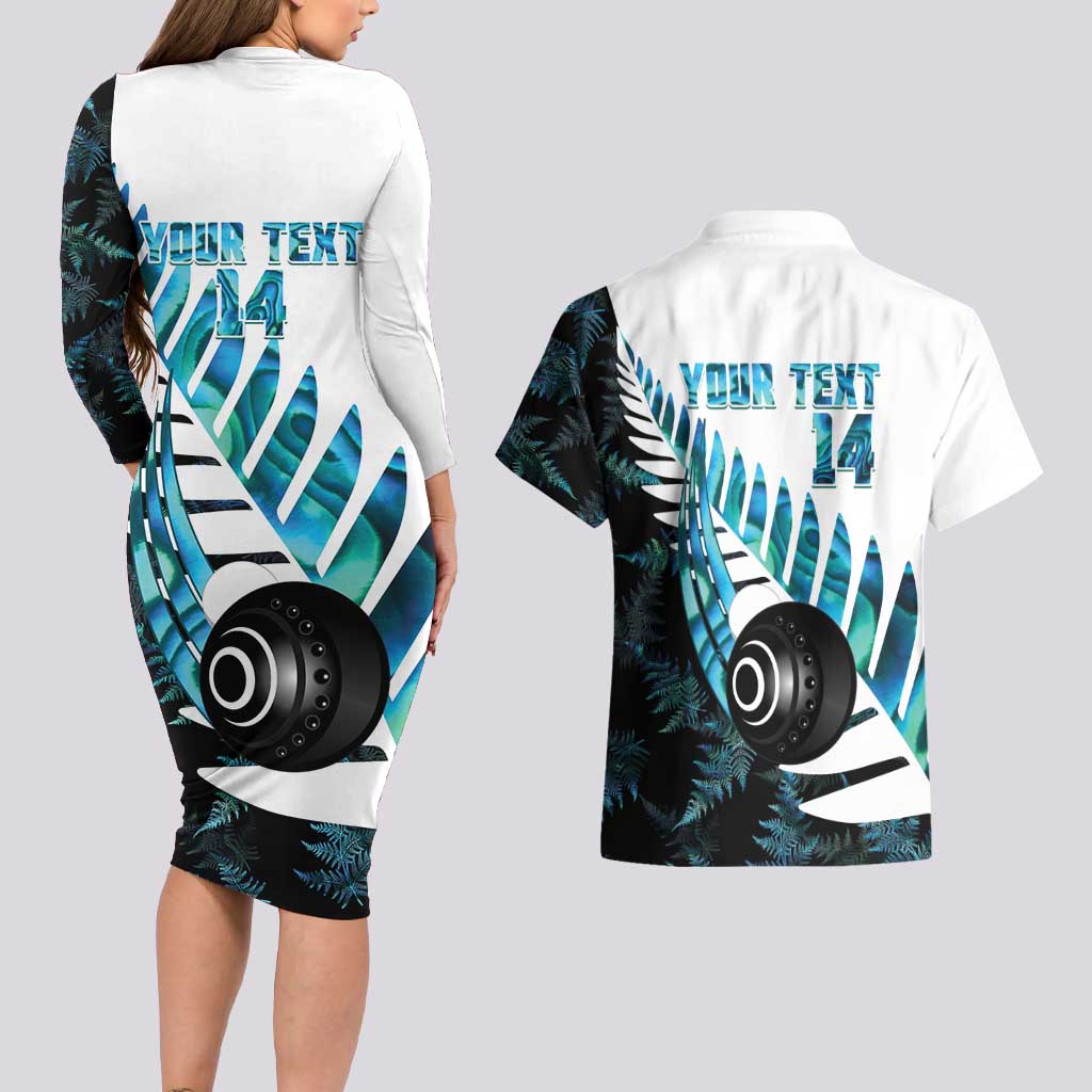 New Zealand Lawn Bowls Custom Couples Matching Long Sleeve Bodycon Dress and Hawaiian Shirt Aotearoa Silver Fern Paua Shell LT14 - Polynesian Pride