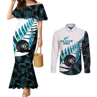 New Zealand Lawn Bowls Custom Couples Matching Mermaid Dress and Long Sleeve Button Shirt Aotearoa Silver Fern Paua Shell LT14 Black - Polynesian Pride