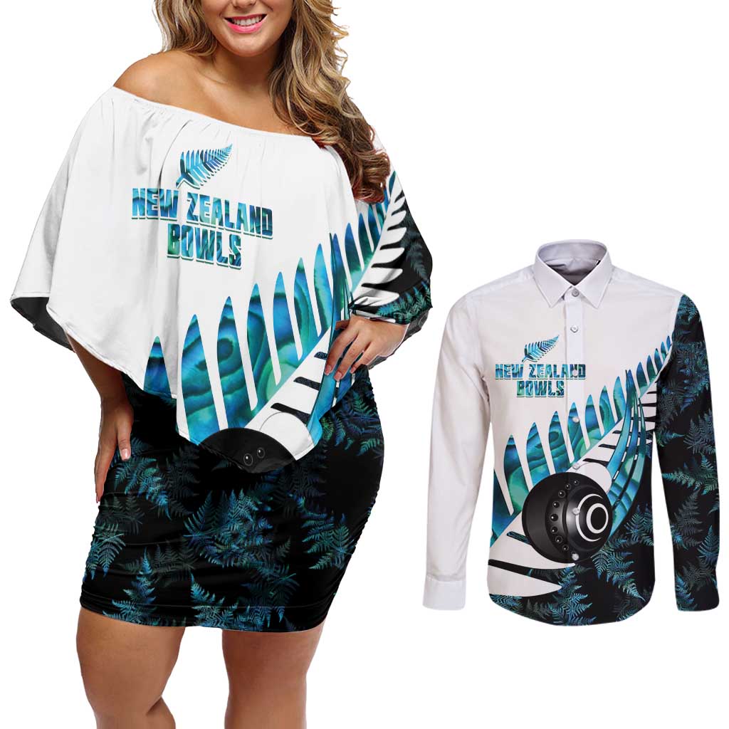 New Zealand Lawn Bowls Custom Couples Matching Off Shoulder Short Dress and Long Sleeve Button Shirt Aotearoa Silver Fern Paua Shell LT14 Black - Polynesian Pride
