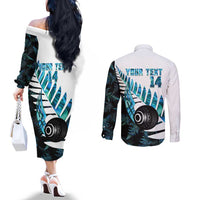 New Zealand Lawn Bowls Custom Couples Matching Off The Shoulder Long Sleeve Dress and Long Sleeve Button Shirt Aotearoa Silver Fern Paua Shell LT14 - Polynesian Pride