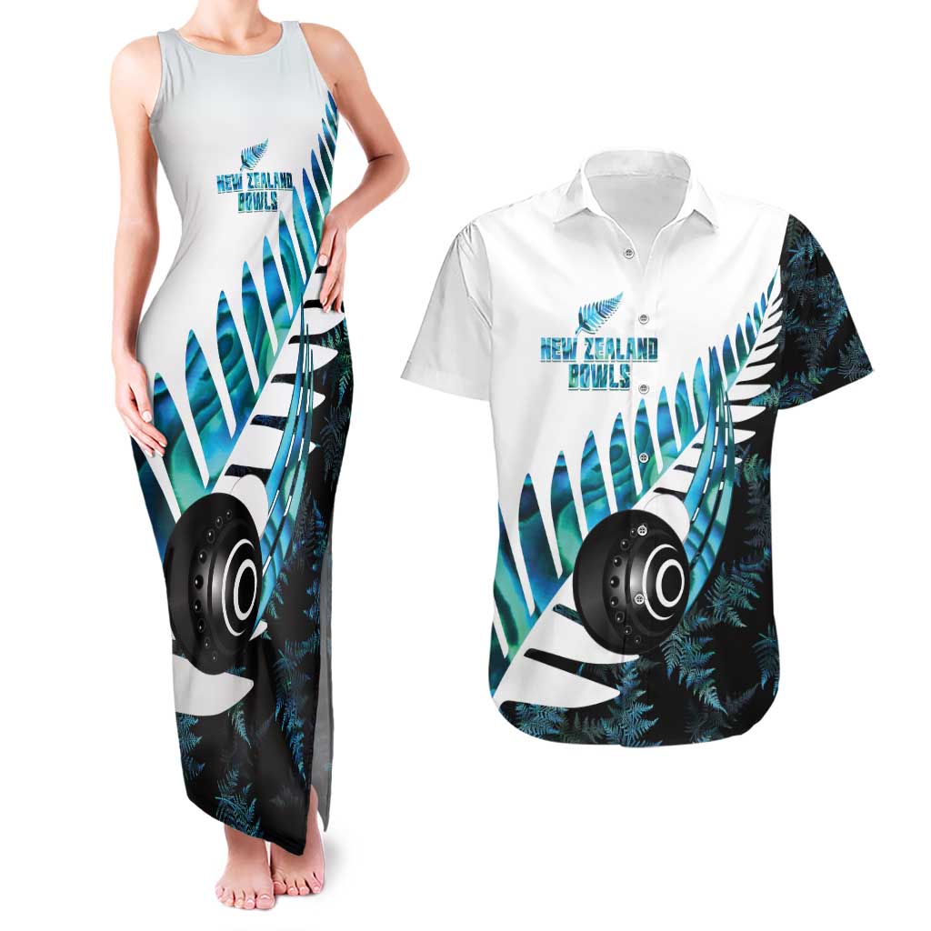 New Zealand Lawn Bowls Custom Couples Matching Tank Maxi Dress and Hawaiian Shirt Aotearoa Silver Fern Paua Shell LT14 Black - Polynesian Pride